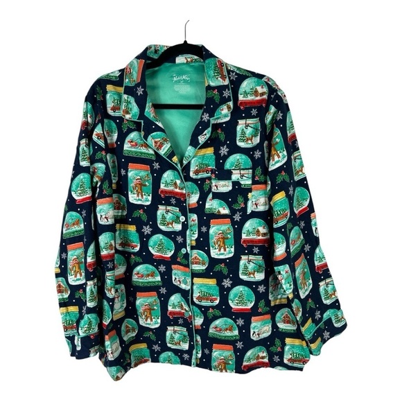 Nick & Nora Snow Globe Sock Monkey Pajama Top Blue EUC Sz XXL - Picture 1 of 8